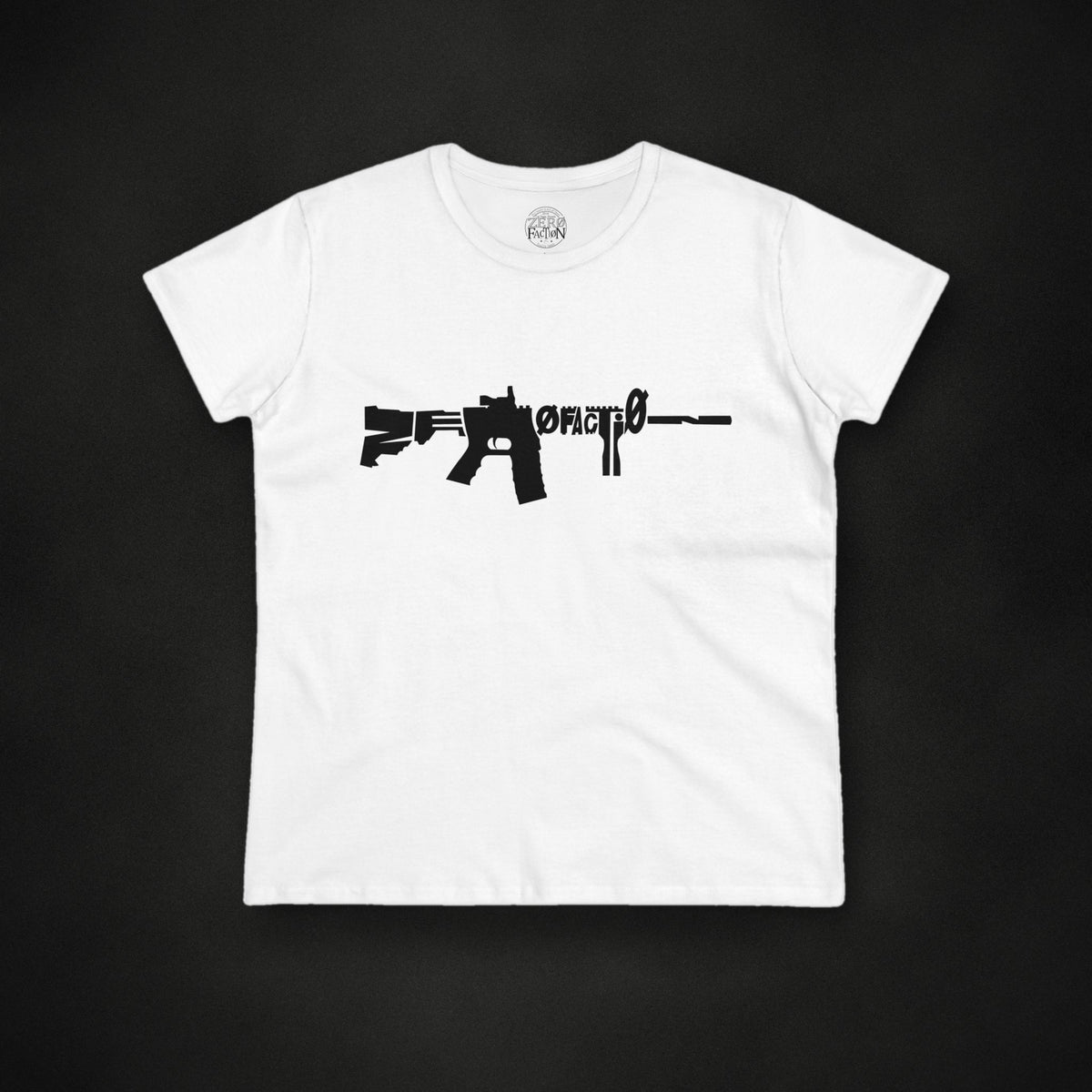 Zero Faction Women's AR Faction Tee, white, on dark asphalt backdrop