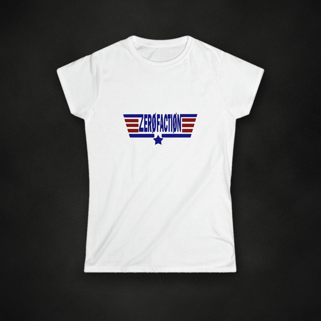 Zero Faction Women's Aviator Tee, white, on dark asphalt backdrop