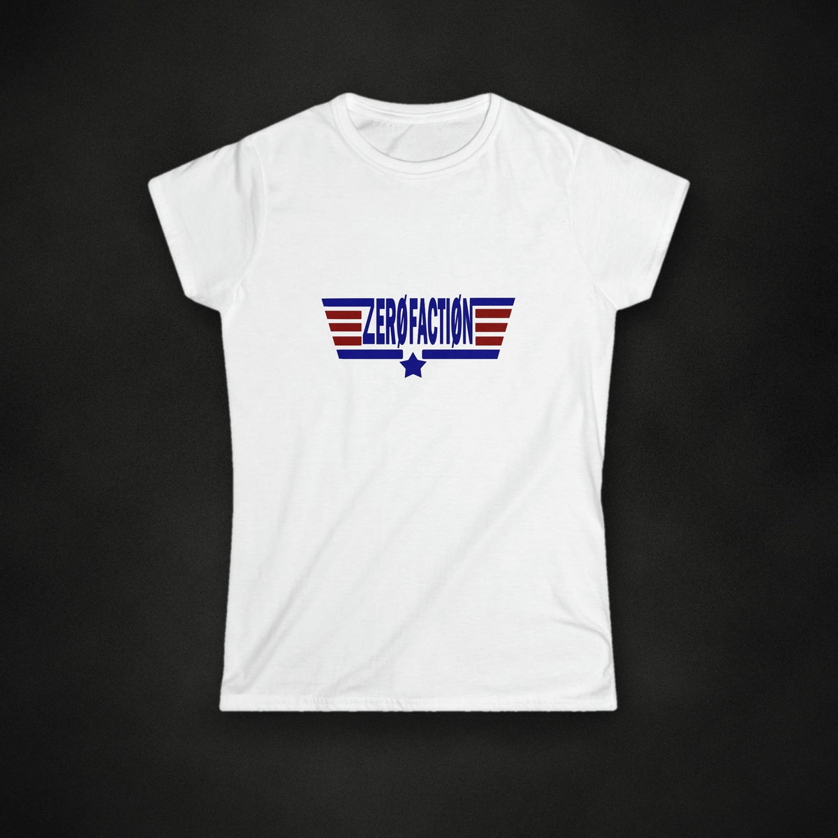 Zero Faction Women's Aviator Tee, white, on dark asphalt backdrop