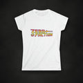 Zero Faction Women's Back To The Faction Tee, white, on dark asphalt backdrop