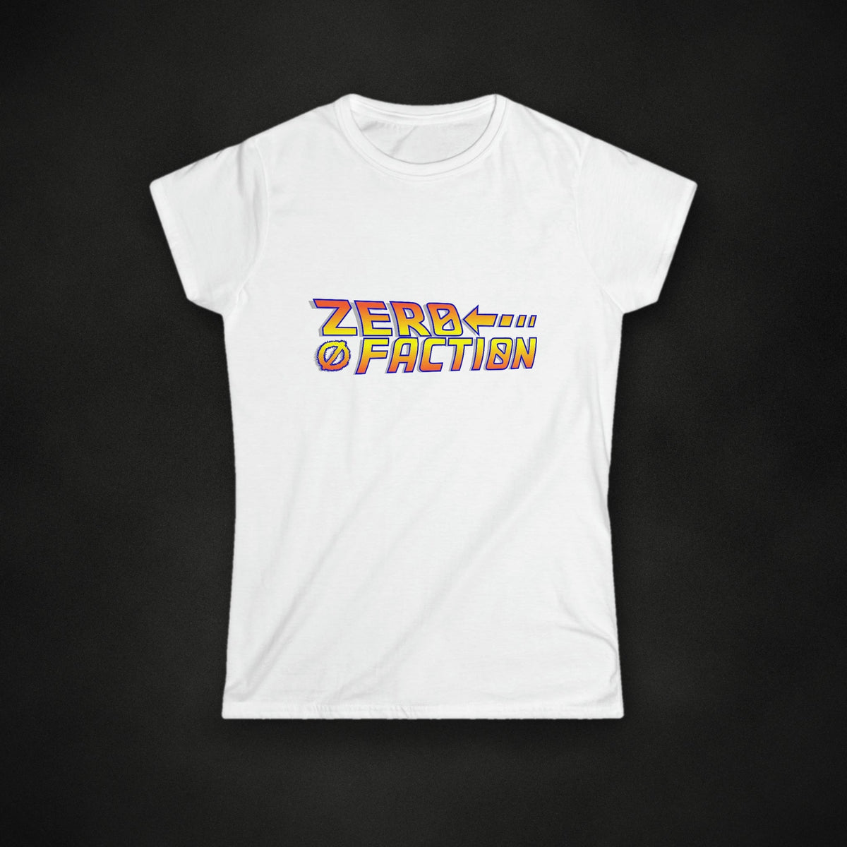 Zero Faction Women's Back To The Faction Tee, white, on dark asphalt backdrop