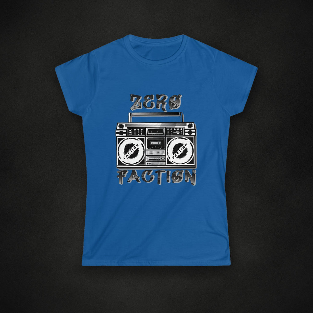 Zero Faction Women's Boombox Tee, royal, on dark asphalt backdrop