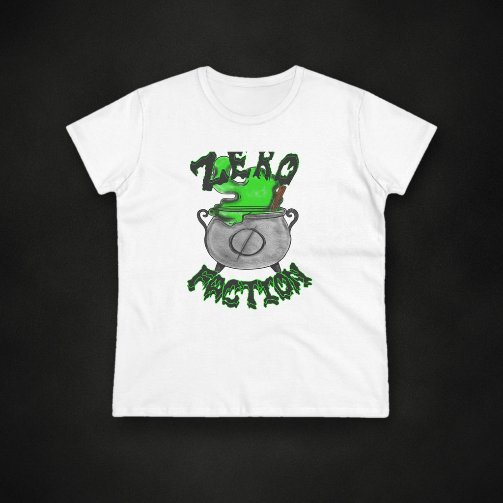 Zero Faction Women's Cauldron Tee, white, on dark asphalt backdrop