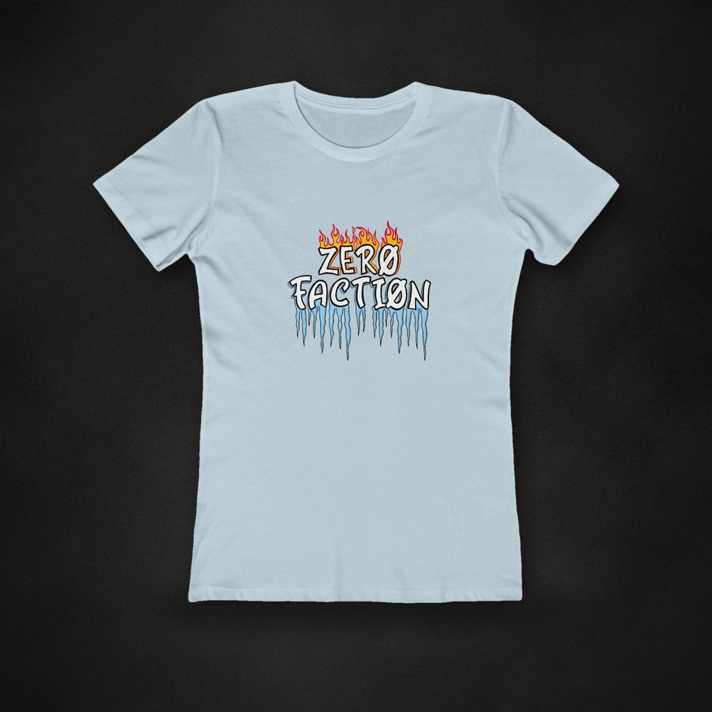 Zero Faction Women's Fire & Ice Tee, solid light blue, on dark asphalt backdrop