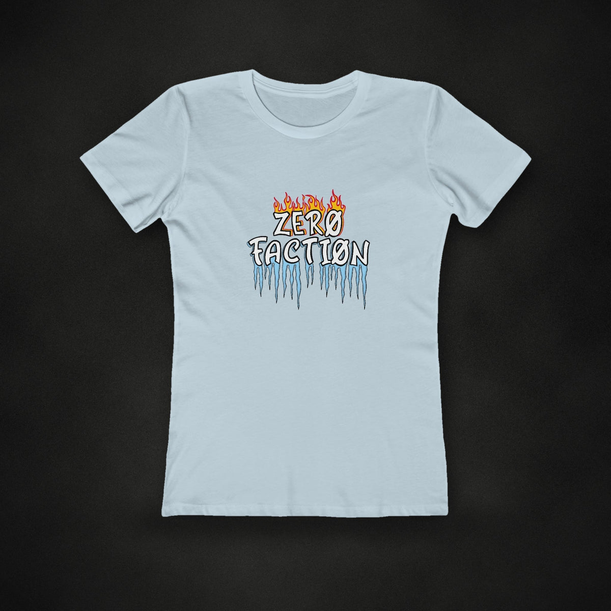 Zero Faction Women's Fire & Ice Tee, solid light blue, on dark asphalt backdrop