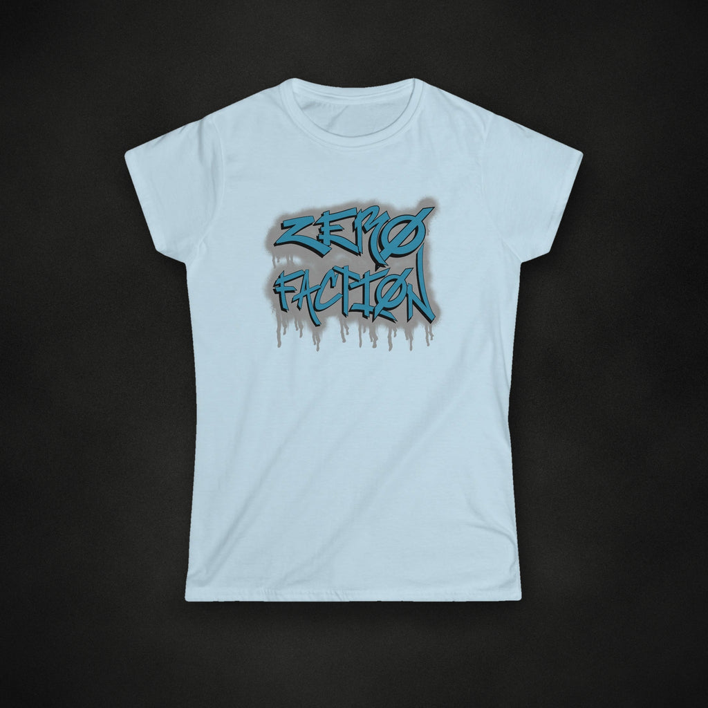 Zero Faction Women's Graffiti Tee, light blue, on dark asphalt backdrop