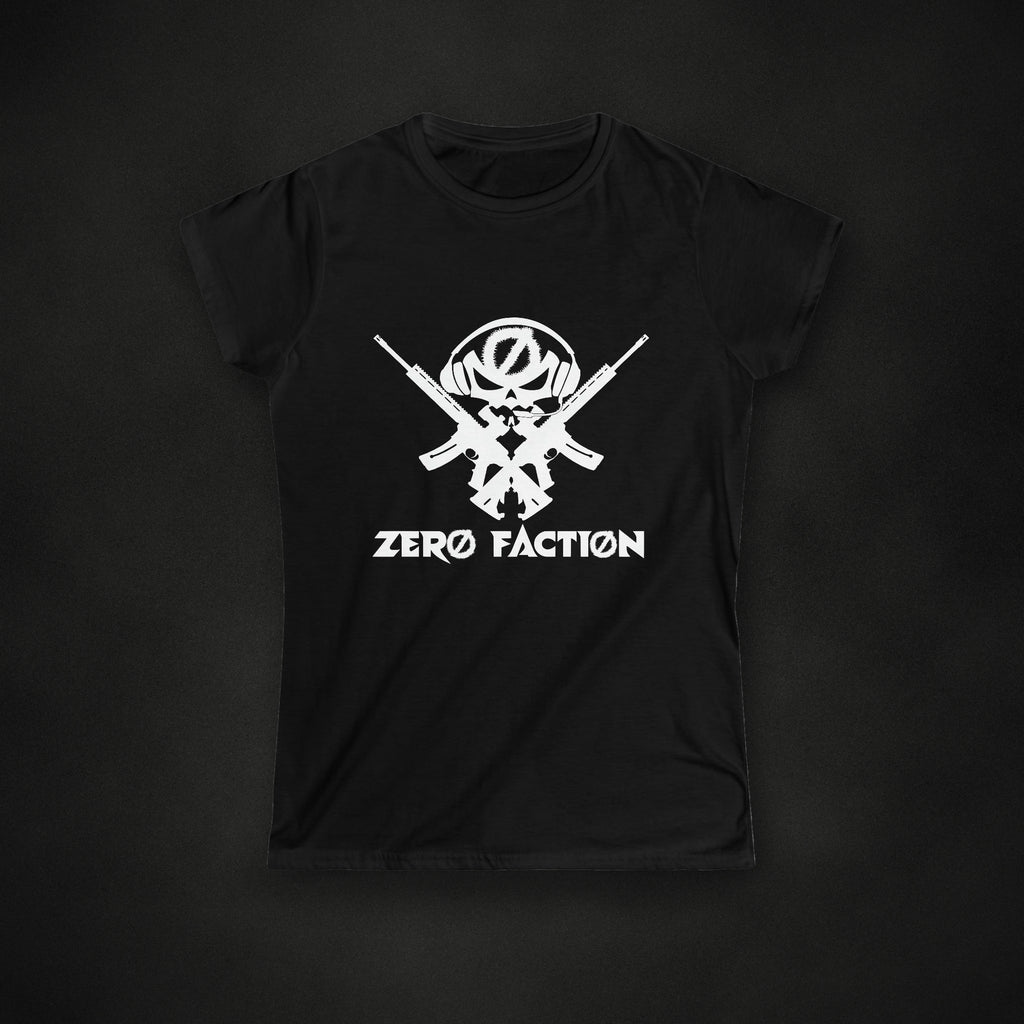 Zero Faction Women's Gun's N' Gamin' Tee, black, on dark asphalt backdrop
