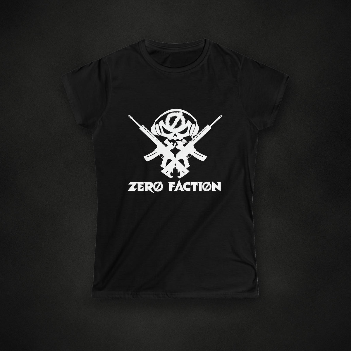 Zero Faction Women's Gun's N' Gamin' Tee, black, on dark asphalt backdrop