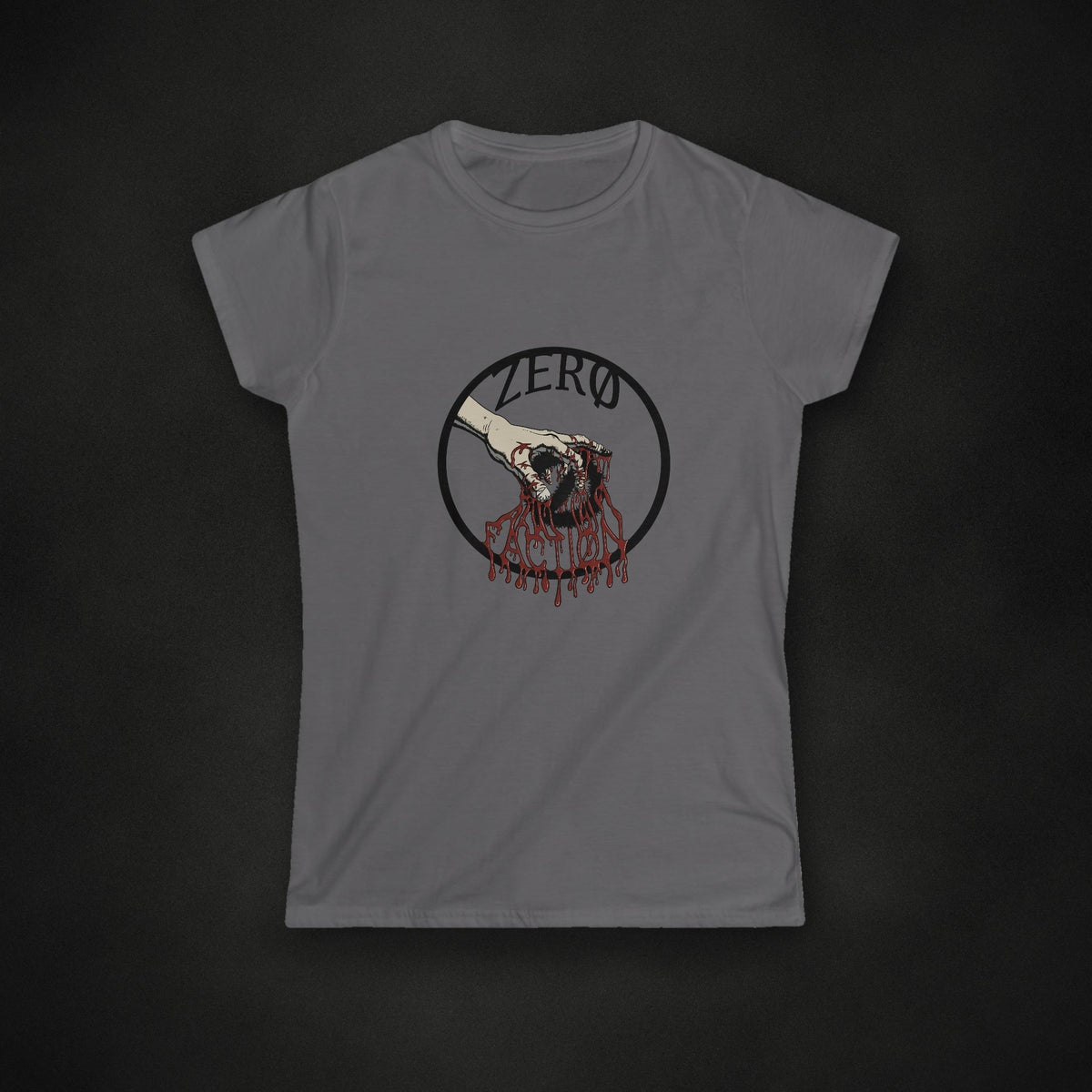 Zero Faction Women's Idle Hand Tee, charcoal, on dark asphalt backdrop
