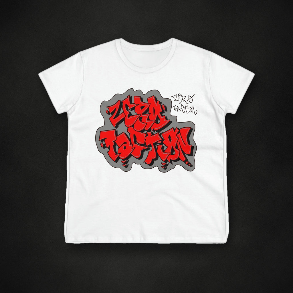 Zero Faction Women's JGraffiti Tee, white, on dark asphalt backdrop