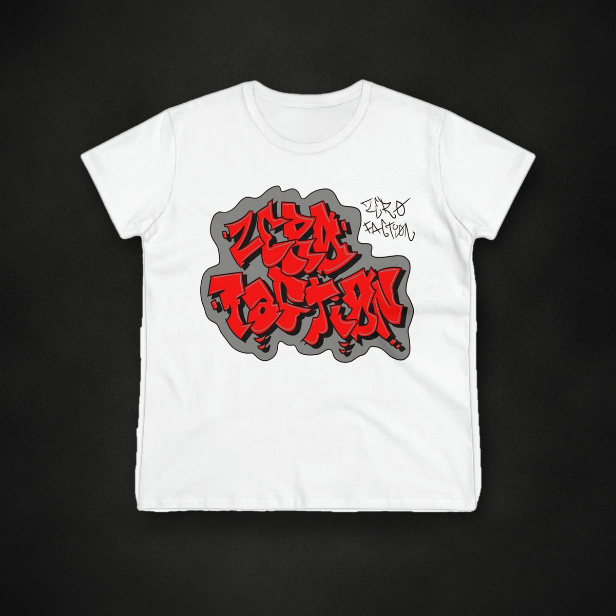 Zero Faction Women's JGraffiti Tee, white, on dark asphalt backdrop