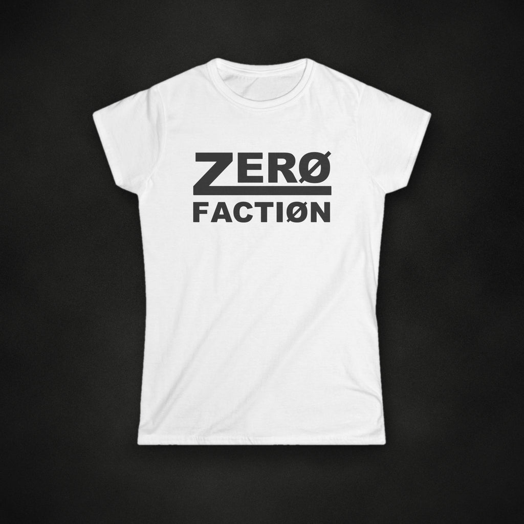 Zero Faction Women's OTW Tee, white, on dark asphalt backdrop
