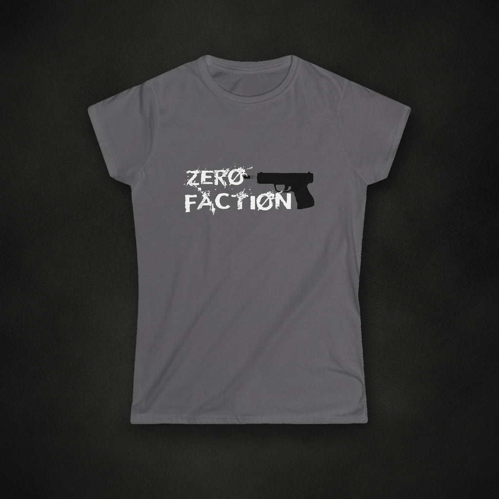 Zero Faction womens grey pistol tee, on dark asphalt backdrop