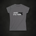 Zero Faction womens grey pistol tee, on dark asphalt backdrop