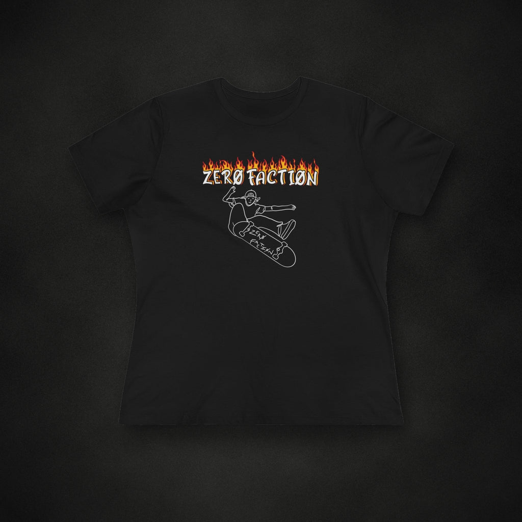 Zero Faction Women's Skateboard Tee, black, on dark asphalt backdrop