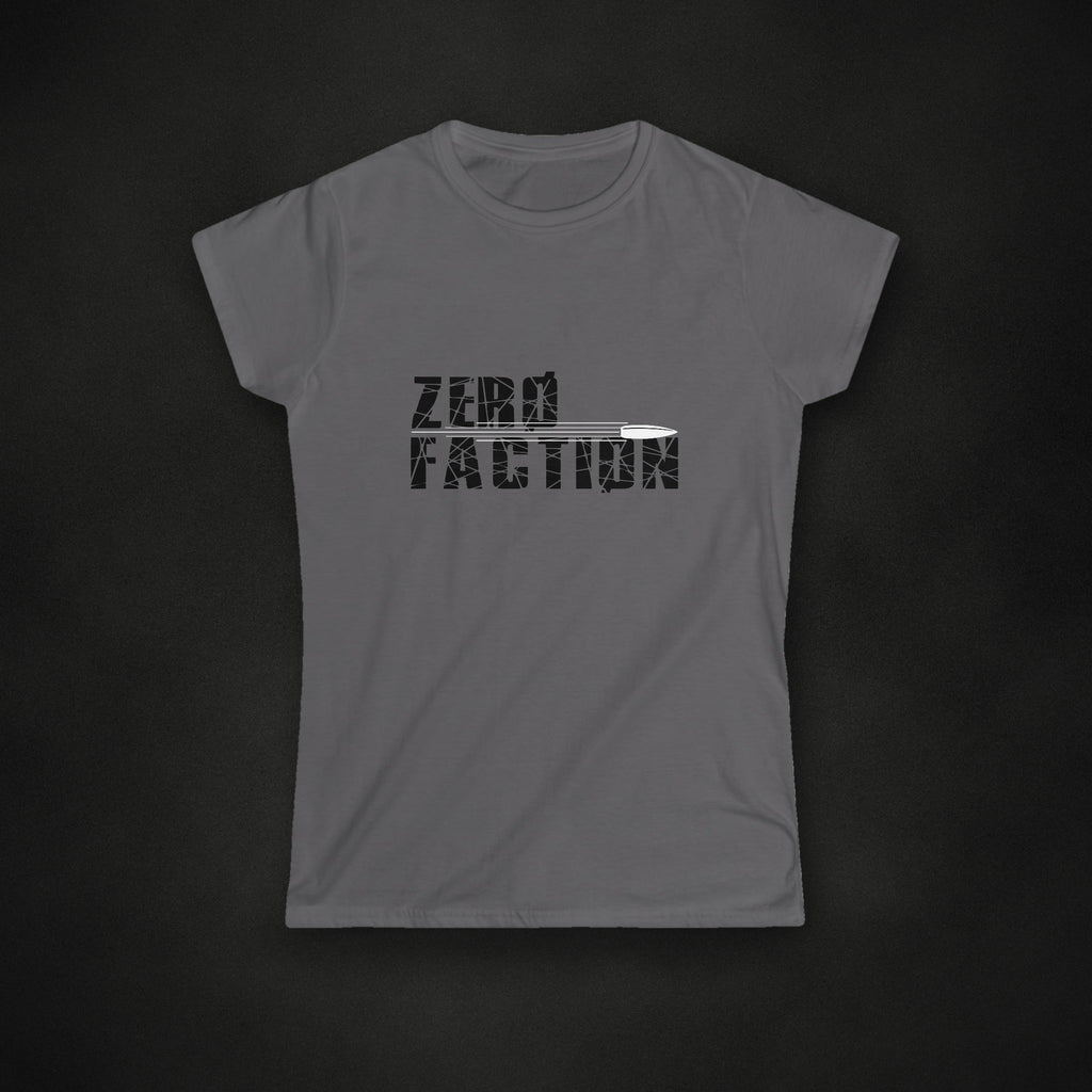 Zero Faction grey speeding bullet tee womens, on dark asphalt backdrop