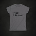 Zero Faction grey speeding bullet tee womens, on dark asphalt backdrop