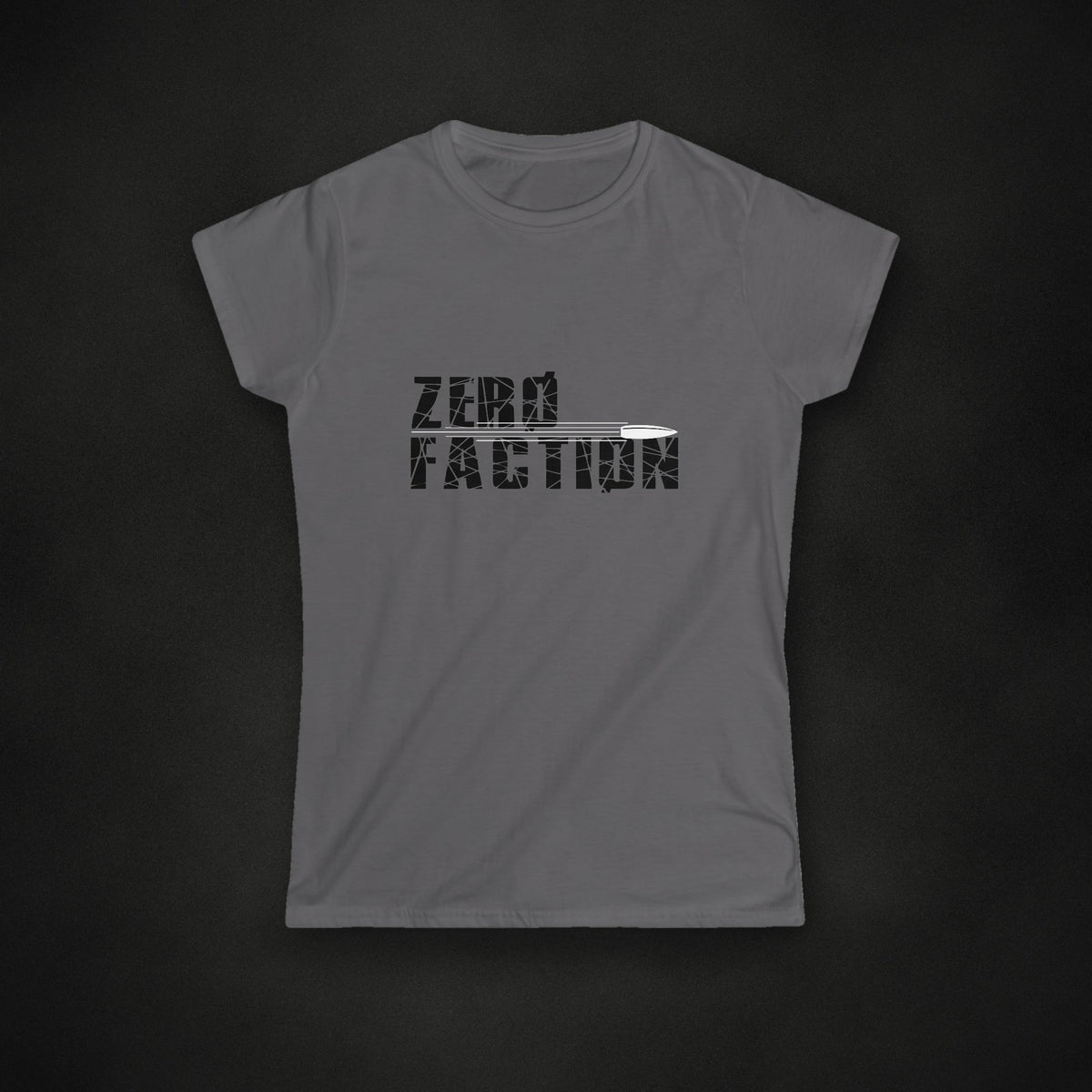 Zero Faction grey speeding bullet tee womens, on dark asphalt backdrop