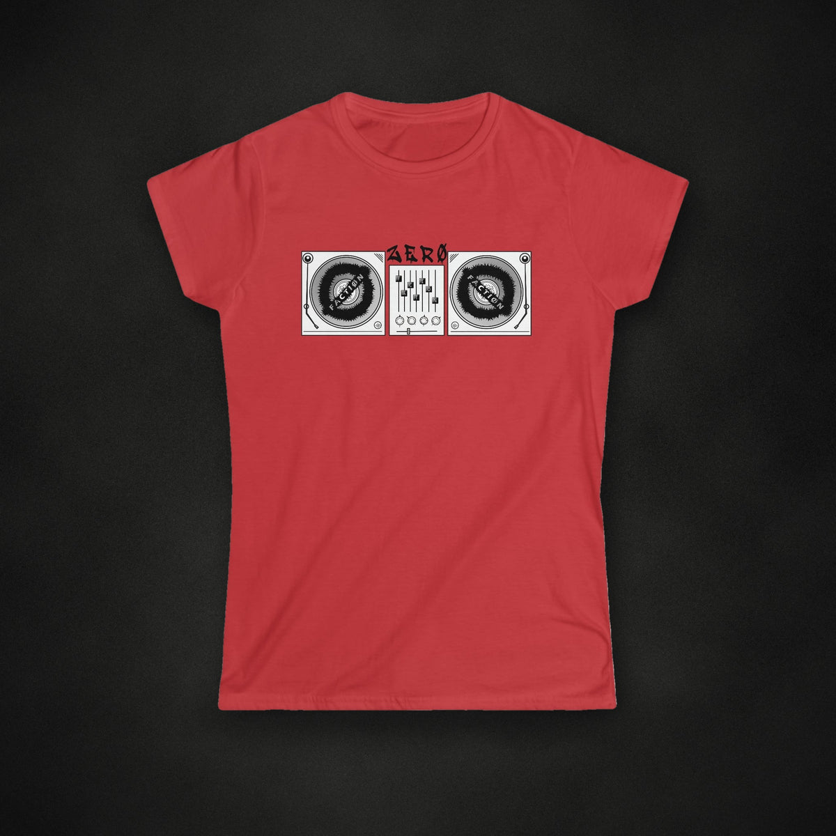 Zero Faction Women's Turntables Tee, red, on dark asphalt backdrop