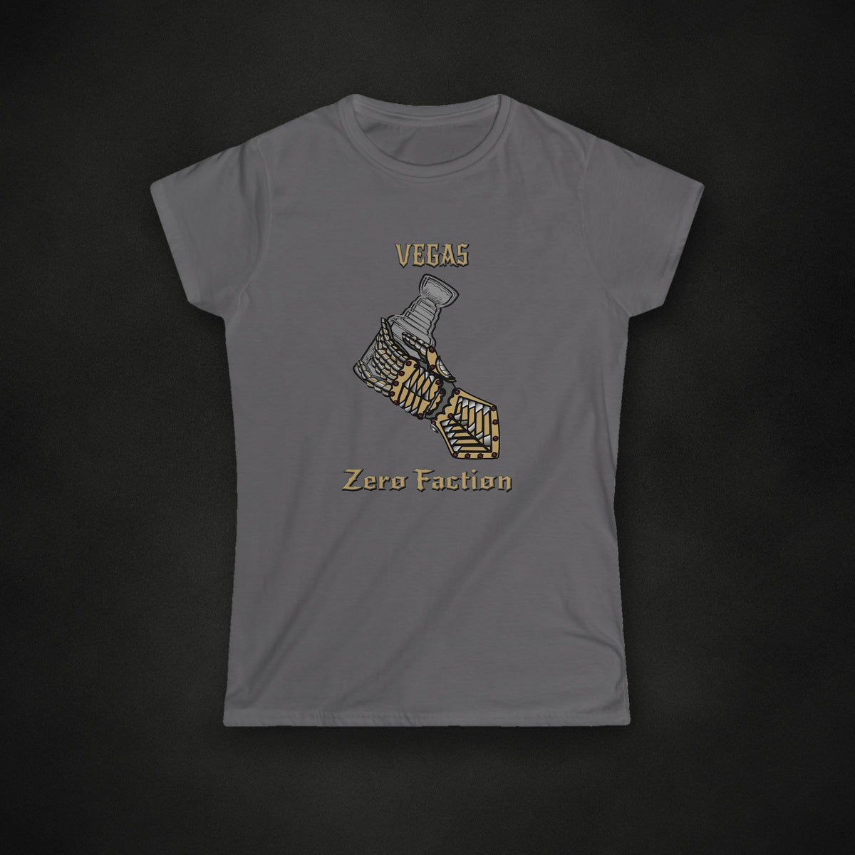 Zero Faction grey knight tee, on dark asphalt backdrop