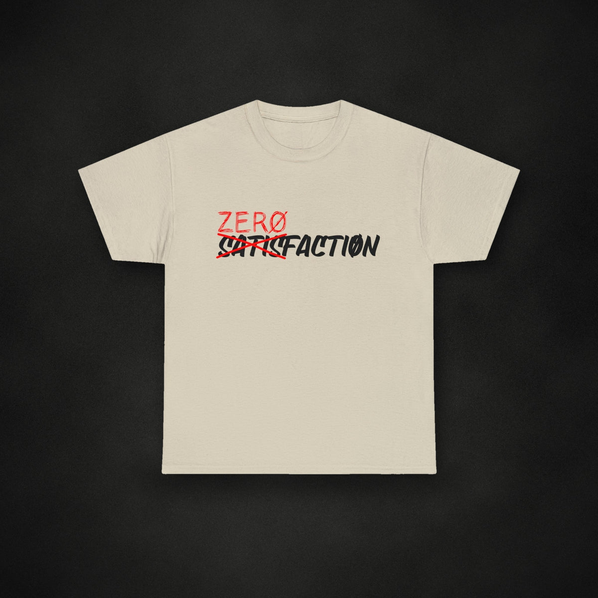 Zero Faction Zero Satisfaction Tee, sand, on dark asphalt backdrop