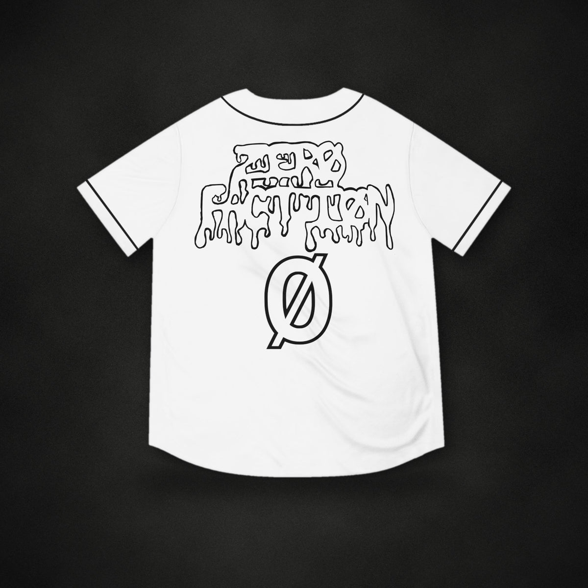 Zero Faction baseball jersey black back, on dark asphalt backdrop