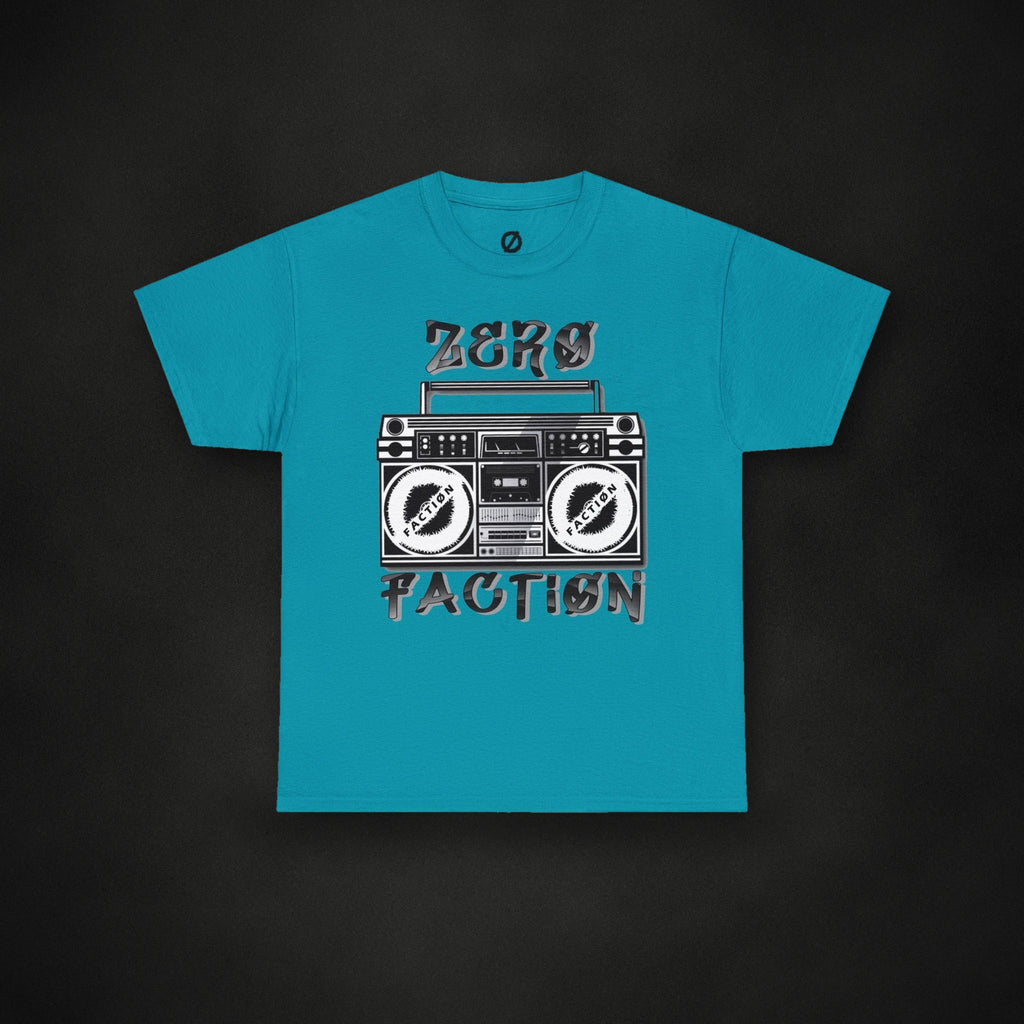 Zero Faction Zero Boombox Tee, tropical blue, on dark asphalt backdrop