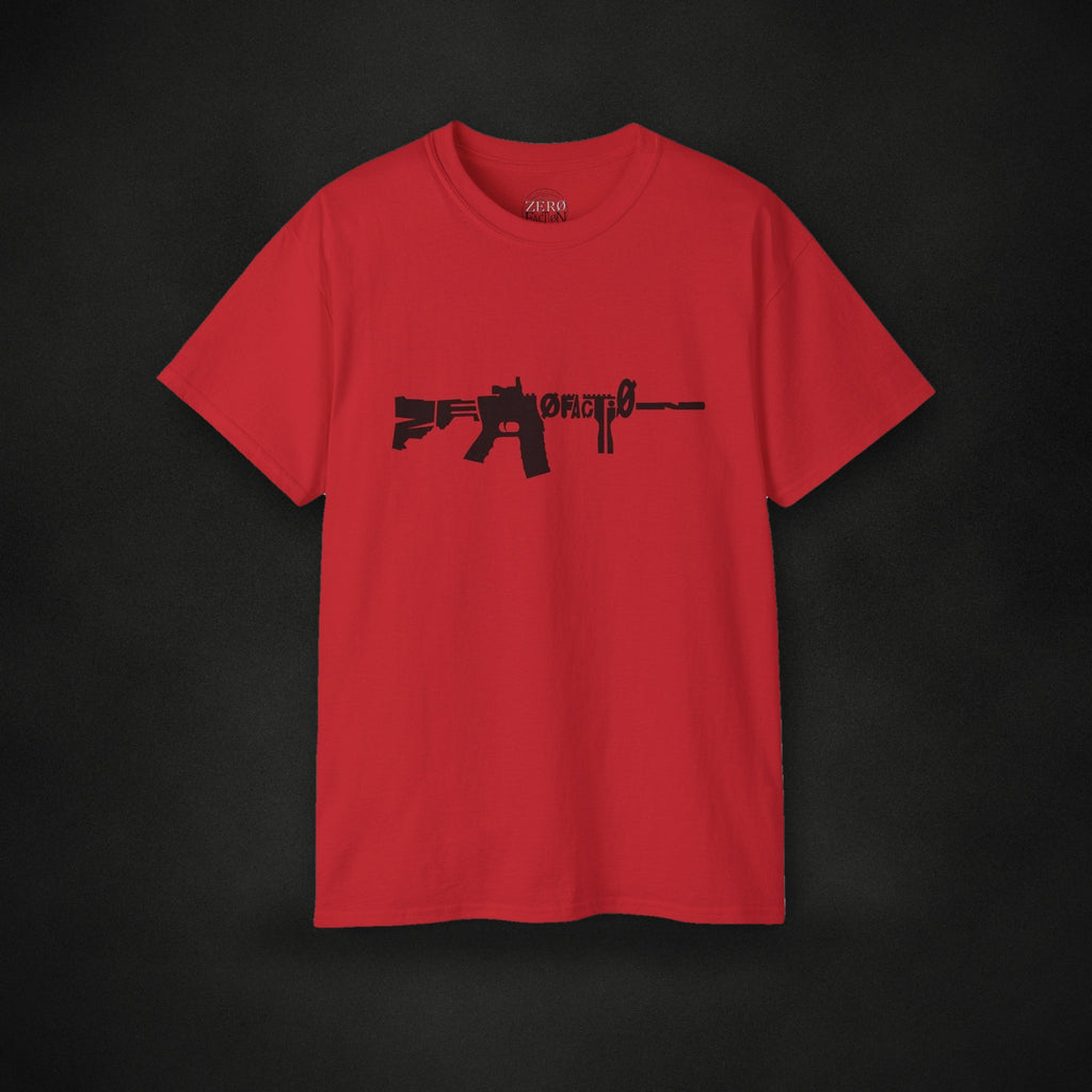 Zero Faction AR Tee, red, on dark asphalt backdrop