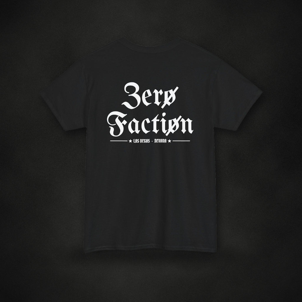 Zero Faction Blackletter Logo tee, black, back view, large blackletter logo, on dark asphalt backdrop