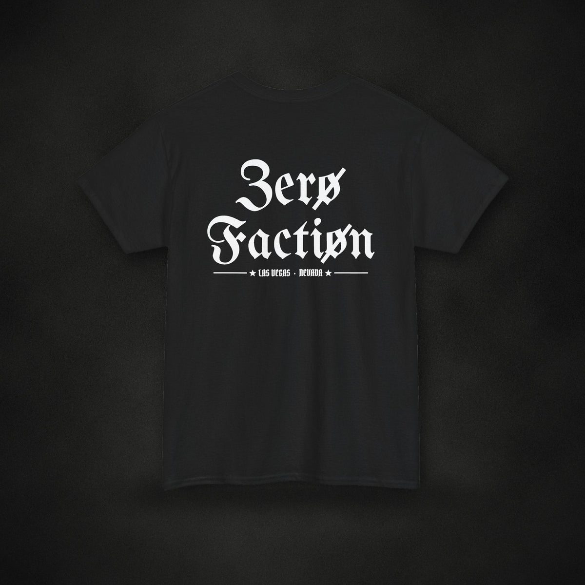 Zero Faction Blackletter Logo tee, black, back view, large blackletter logo, on dark asphalt backdrop