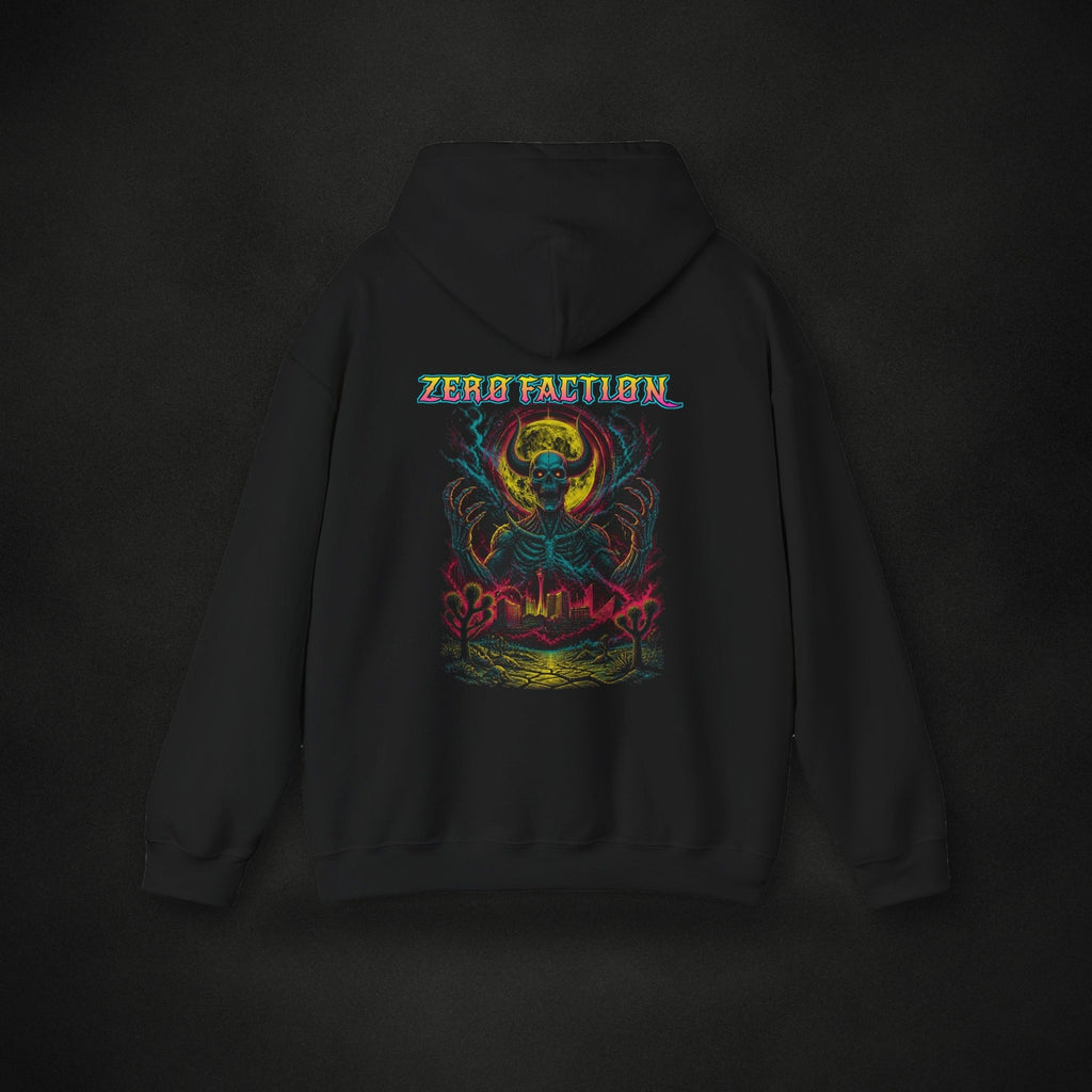 Zero Faction Desert Titan Metal hoodie, black, back view, Desert Titan metal print, on dark asphalt backdrop