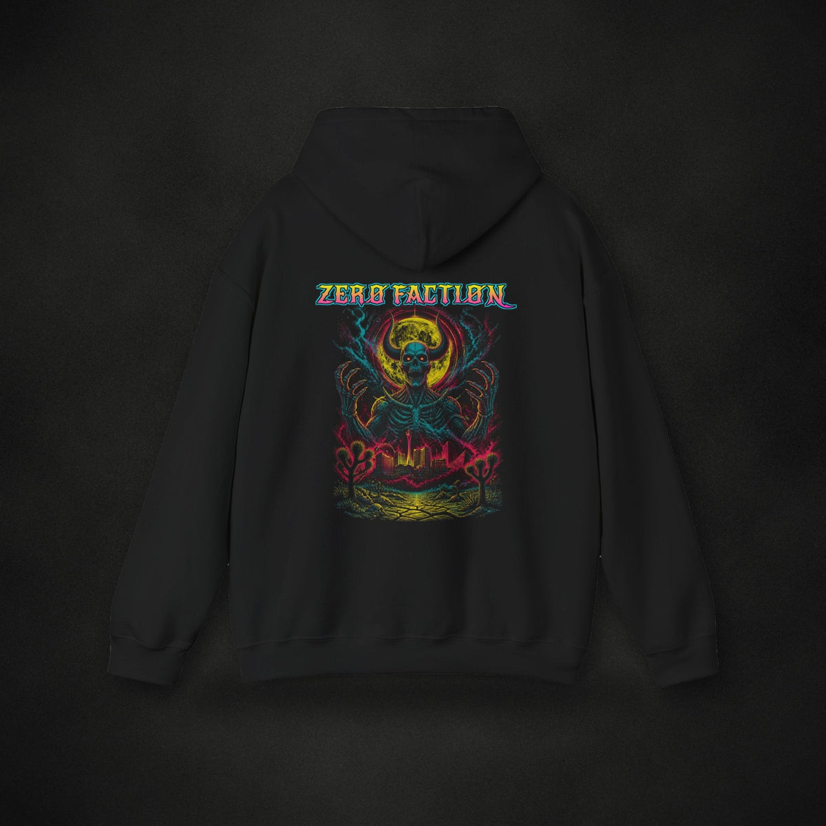 Zero Faction Desert Titan Metal hoodie, black, back view, Desert Titan metal print, on dark asphalt backdrop