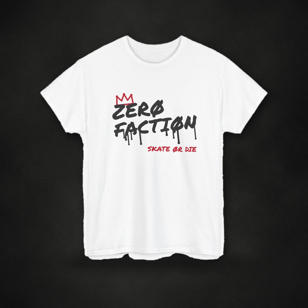 Zero Faction Graffiti Tag Logo tee, white, front view, graffiti tag logo print, on dark asphalt backdrop