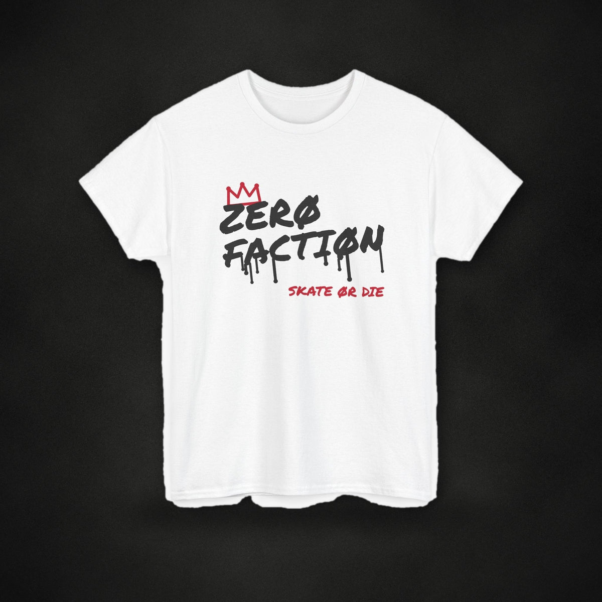 Zero Faction Graffiti Tag Logo tee, white, front view, graffiti tag logo print, on dark asphalt backdrop