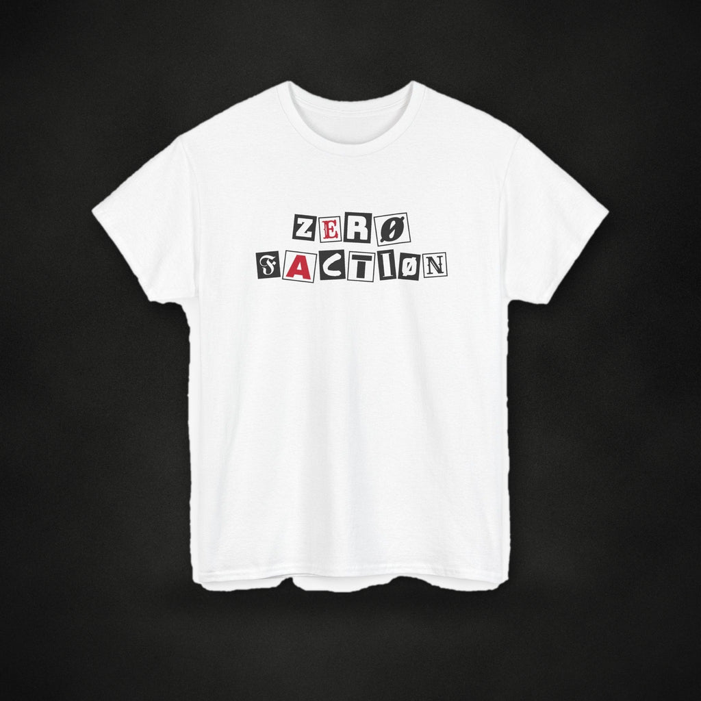 Zero Faction Ransom Note Logo tee, white, front view, ransom note letter logo print, on dark asphalt backdrop