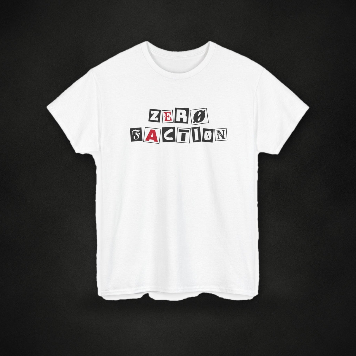 Zero Faction Ransom Note Logo tee, white, front view, ransom note letter logo print, on dark asphalt backdrop