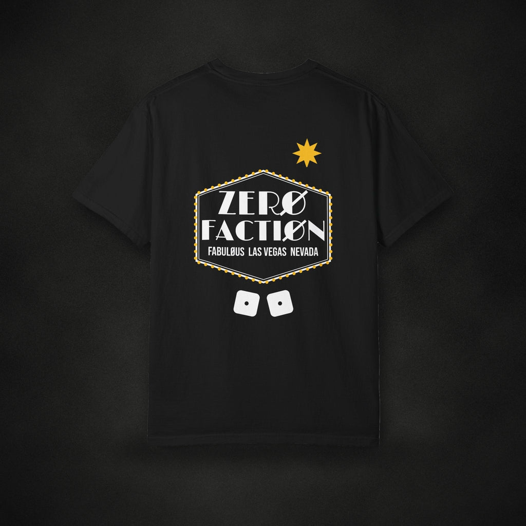 Zero Faction Vegas Marquee Logo tee, black, back view, large Vegas marquee logo, on dark asphalt backdrop