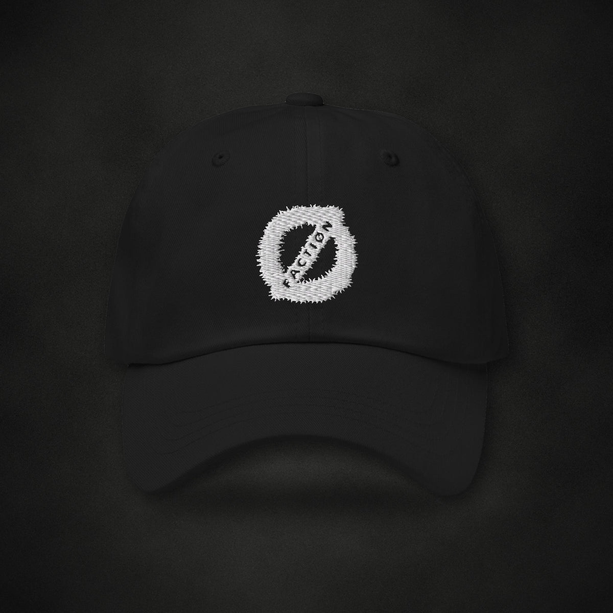 Zero Faction Zero Logo Dad Hat, black, on dark asphalt backdrop