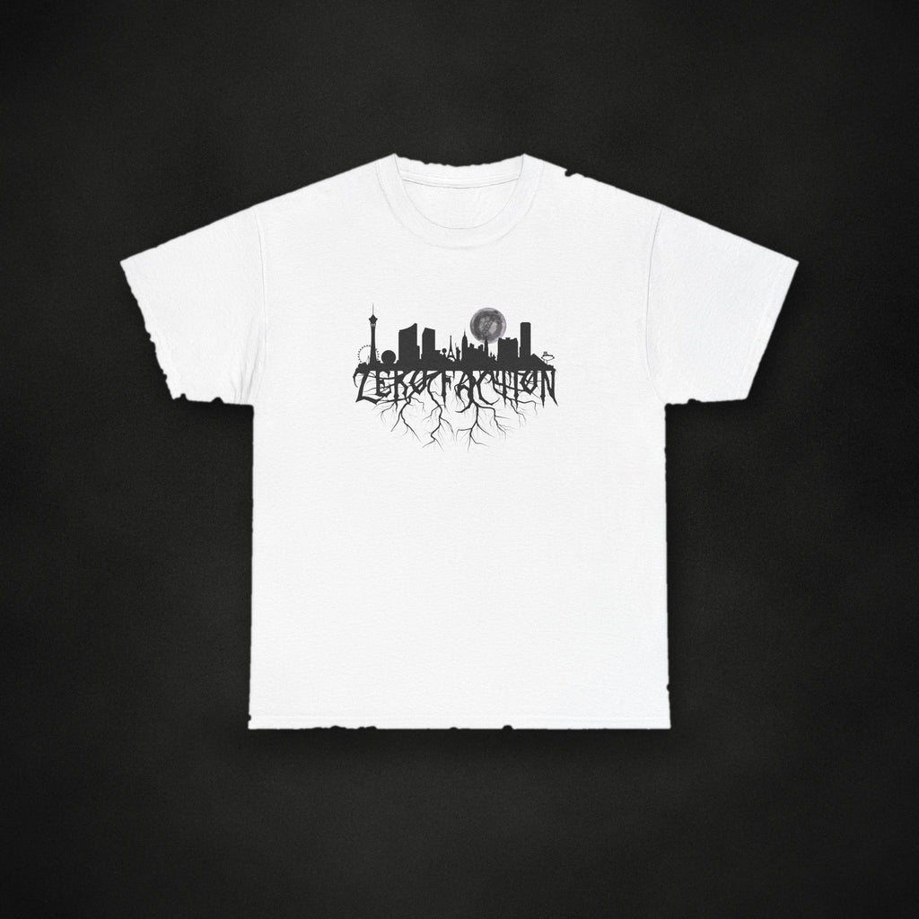 Zero Faction Zero Roots Tee, white, on dark asphalt backdrop