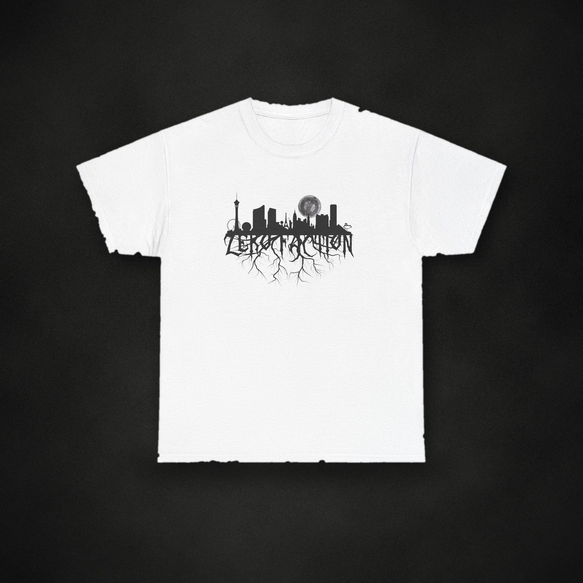 Zero Faction Zero Roots Tee, white, on dark asphalt backdrop