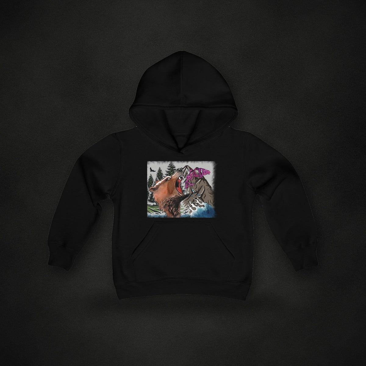 Zero Faction ZF Alaska bear graphic youth hoodie, on dark asphalt backdrop