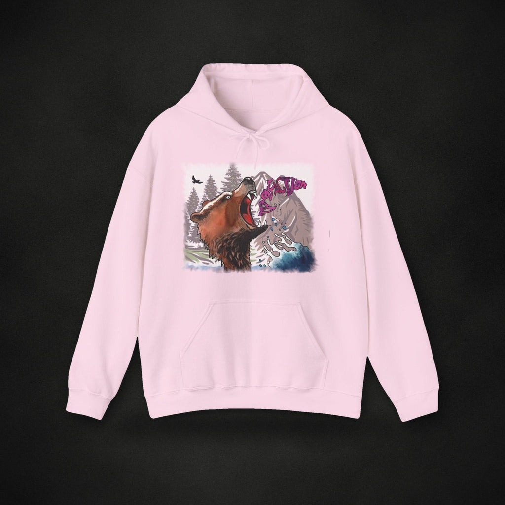 Zero Faction ZF Alaska bear graphic hoodie, light pink, on dark asphalt backdrop