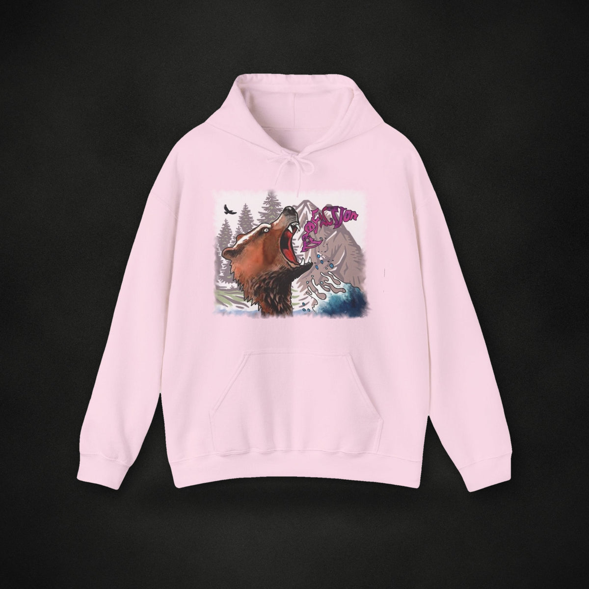 Zero Faction ZF Alaska bear graphic hoodie, light pink, on dark asphalt backdrop