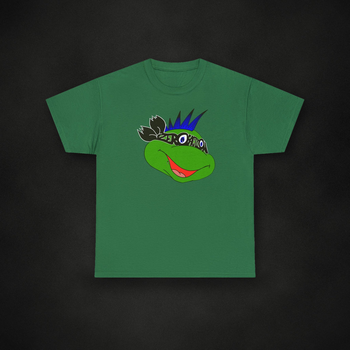 Zero Faction ZMNT Tee, turf green, on dark asphalt backdrop